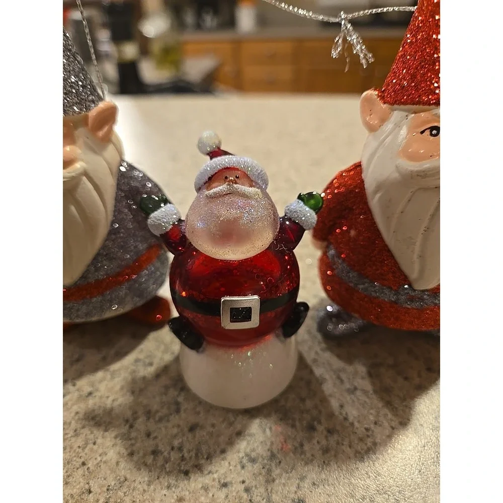 Midwest C B K Snow Globe Santa Lighted Glitter & 2 GNOME Elf Ornaments‎ Trd Gray